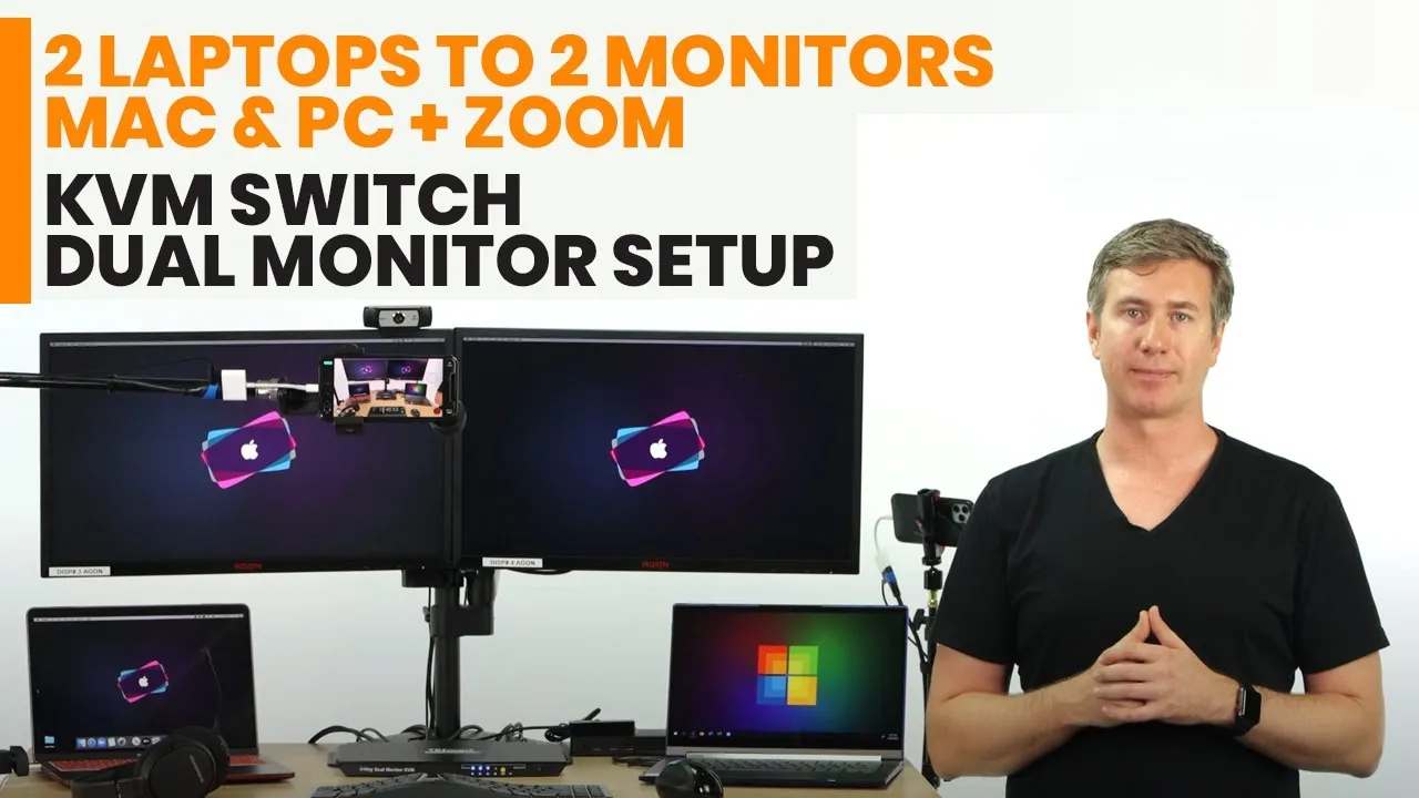 Video thumbnail showing Justin Milligan beside a two-laptop, two-monitor setup, labeled Mac, PC, and Zoom.