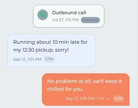 CakeTrack conversations: inbox rows with order numbers and stages beside an open thread with a call, a customer text, and the shop reply, shown with demonstration data.