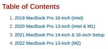 Table of contents of an AvicoTech support article on dual-monitor KVM switch setup, listing seven MacBook Pro models from 2019 to 2024.