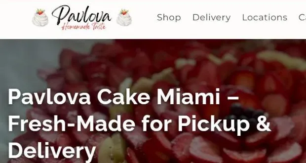 The cakemiami.com homepage: the Pavlova wordmark, navigation, and the headline Pavlova Cake Miami, Fresh-Made for Pickup and Delivery.