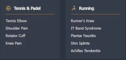 TheraMax sports medicine hub page: breadcrumb, the heading Sports Medicine & Recovery in Miami, and cards for golf, tennis and padel, and running, each listing conditions such as plantar fasciitis.