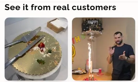 The See it from real customers strip on a CakeMiami product page: customer photos of a served pavlova, a birthday celebration, a strawberry pavlova at a table, and a birthday pavlova with candles.