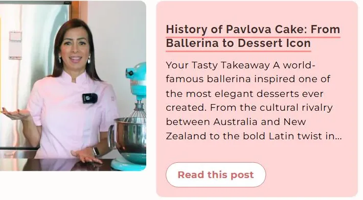 CakeMiami CakeTV index: the heading Pavlova Cake Ideas, Hosting Tips and International Desserts, and an article card pairing a video thumbnail of the on-camera host with the article History of Pavlova Cake: From Ballerina to Dessert Icon.