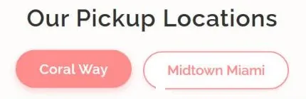 CakeMiami Locations page: the heading Our Pickup Locations, a Coral Way and Midtown Miami toggle, and the Coral Way card with address, hours, phone, and parking.
