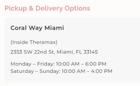 CakeMiami product page, Pickup and Delivery Info tab: the Coral Way pickup location with its address and opening hours.