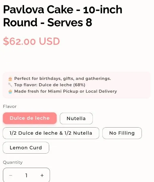 CakeMiami product page for the 10-inch round pavlova: the cake photograph, the title with its serving count, the price, and the filling choices.
