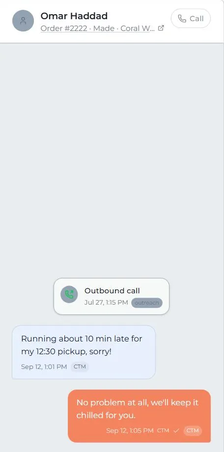 CakeTrack conversations: an inbox where each row shows the customer, order number, stage, and date, beside an open thread headed Order 2222, Made, Coral Way, with an outbound call entry, shown with demonstration data.