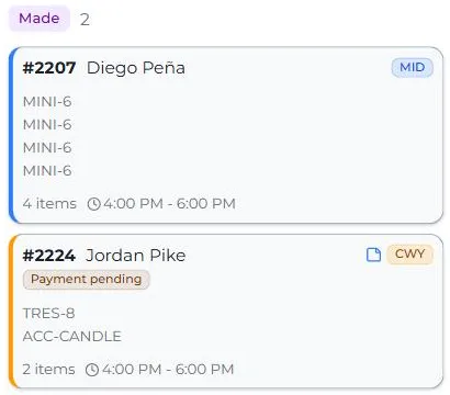 CakeTrack prep board, day view for Saturday, September 12, 2026: location filters, an empty Received column, and two orders in Made with their items, pickup windows, and location tags, shown with demonstration data.