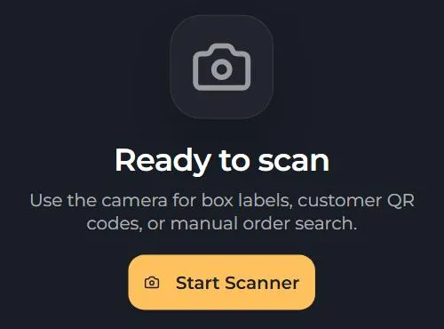 CakeTrack Scan screen, ready state: the Operations menu (Cart Link, Prep Board, Orders, Scan, Manifest, Supplies) beside a camera panel reading Ready to scan, with a Start Scanner button, shown with demonstration data.
